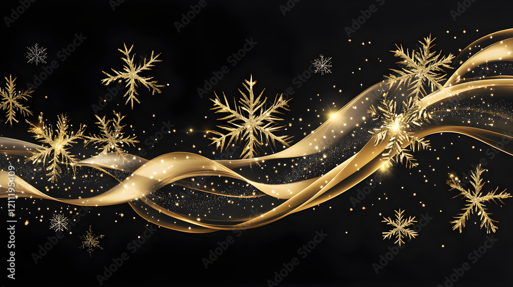 Poster minimalist golden snowflake border with sharp edges in a flowing wave formation
