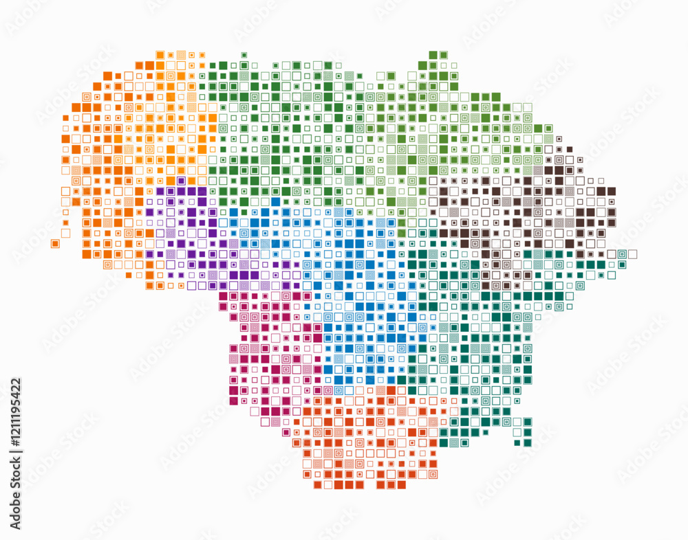 Poster lithuania, shape of the country built of colored cells. digital style map of lithuania on white back
