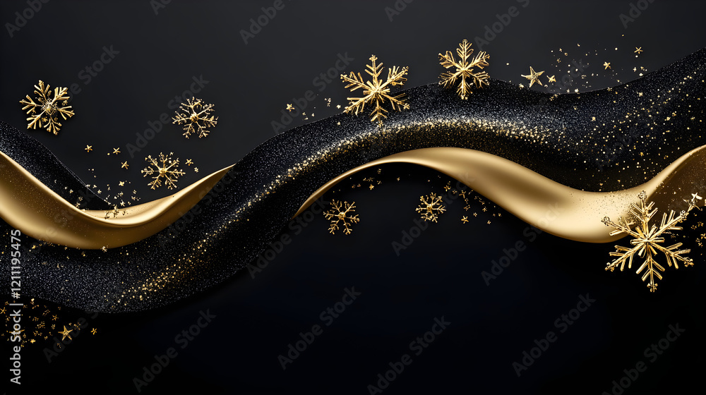 Poster minimalist golden snowflake border with sharp edges in a flowing wave formation