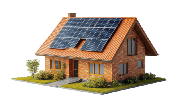 house with panels on roof isolated on white background 