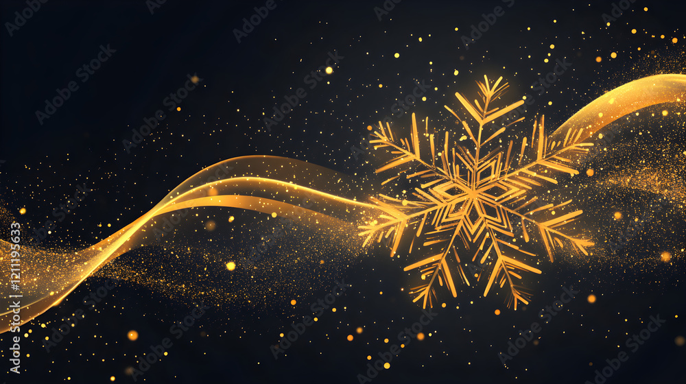 Poster radiant golden snowflake frame with glowing particles and smooth wave flow