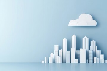 Obraz premium A minimalistic illustration of a skyline featuring white buildings against a light blue background, complemented by a single cloud.