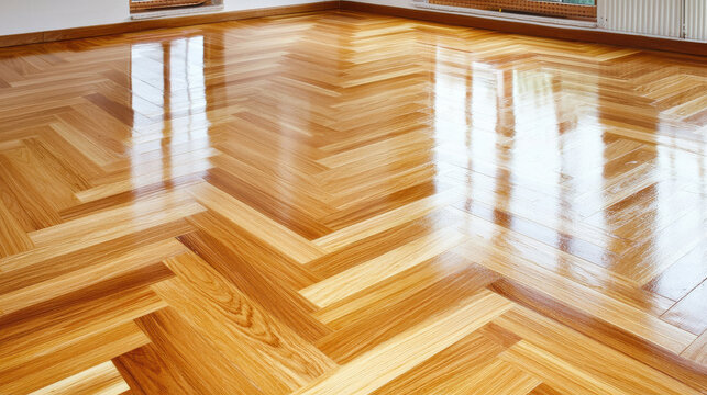 Shiny wooden parquet floor with herringbone pattern in bright room