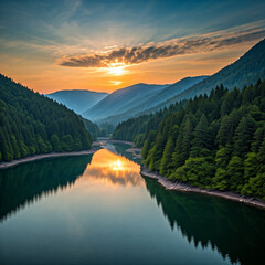Sunrise over a serene lake surrounded by snowy mountains and lush forest in a scenic Canadian national park