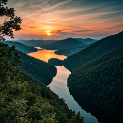 Sunset over the river and lake with mountains