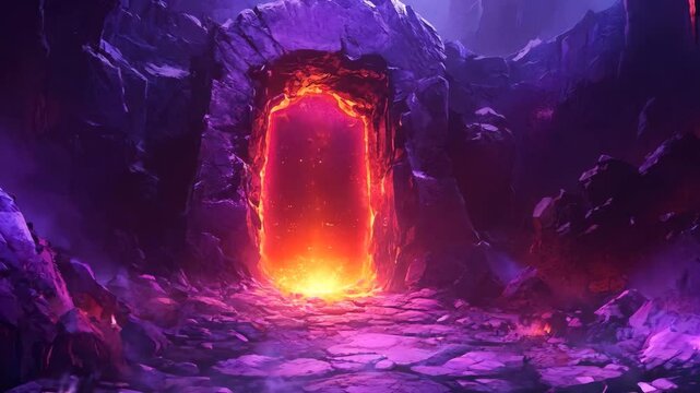 A vibrant, otherworldly scene featuring a glowing fiery portal embedded in rocky terrain, surrounded by purple and red hues in a mysterious cavernous setting. Perfect for fantasy or mystical-themed 