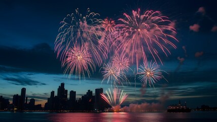Fireworks over water with a city in the background