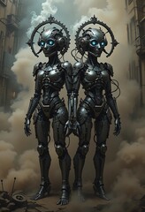 Naklejka premium Twin Metal Robots Glowing Eyes Steampunk Cityscape Smoky Background
