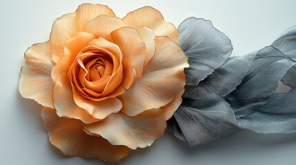 Close-up of an artificial peach-colored rose and gray ribbon on white background.