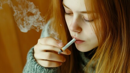 Candid smoking portrait of young woman indoor setting emotional expression warm lighting close-up view lifestyle reflection