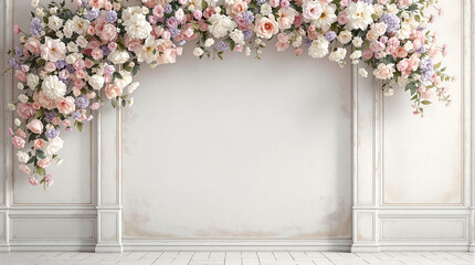 Elegant white fireplace decorated with an abundant arrangement of pink and white flowers. Ideal for wedding backdrops, event decor, or romantic settings.

