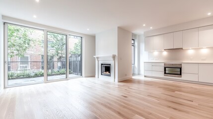 Fototapeta premium Modern bright apartment living room with fireplace, kitchen, and backyard view