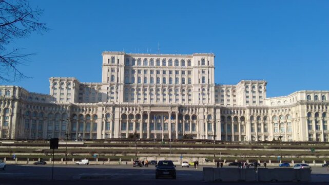 Bucharest, Romania &mdash; January 18, 2025: View of the parliament building. Parliament Palace. City landscape.