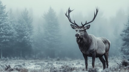 Majestic deer standing in a foggy winter forest