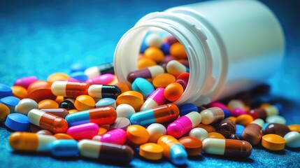 Vibrant array of colorful pills cascading from an open white medicine bottle on a tabletop, showcasing diverse shapes and sizes against a blue backdrop. Pharmaceutical variety and vivid hues.