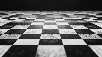 Checkerboard, chessboard, checkered plane in angle perspective. Tilted, vanishing empty floor.