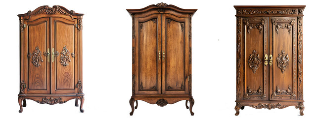 set of vintage wooden armoire with intricate carvings, curved legs