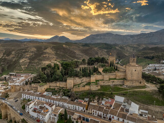 Aerial view of Antequera Moorish fortress with rectangular keep, city walls in Andalusia Spain