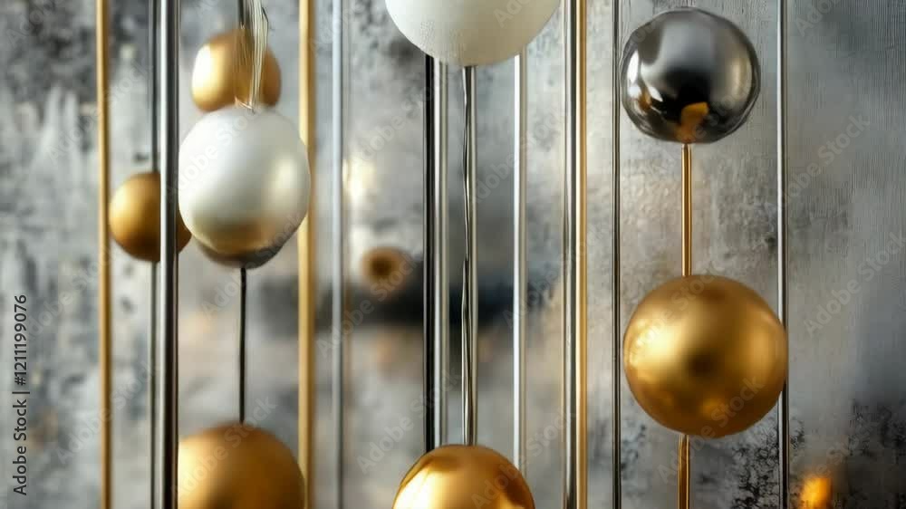 Poster shimmering metallic orbs in motion with reflections and depth