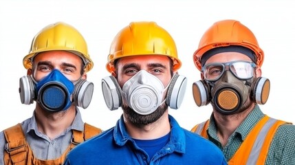 Workers in protective gear industrial site portraits controlled environment front view safety awareness and precautions
