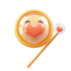 Cute round emoji, glossy heart-shaped face, golden circular frame, orange heart nose, cartoon style, cheerful expression, small heart accessory, playful design, vibrant colors, 3D rendering, smooth sh