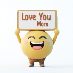 Yellow emoji character, holding sign, "Love You More" text, cheerful expression, 3D rendering, glossy surface, white background, cute design, rounded body, cartoon style, happy face, uplifting message