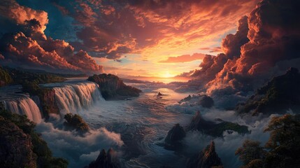Dramatic sunset over waterfall landscape; fantasy art for games, prints
