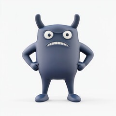 Cute monster character, blue-gray color, big eyes, small horns, grumpy expression, hands on hips, cartoon style, 3D render, simple background, toy-like appearance, whimsical design, rounded shape, stu