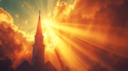 Fototapeta premium Church steeple silhouette at sunset with dramatic sky and sun rays.