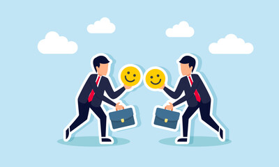 Two businessmen carry happy emoticons and intend to exchange them, illustration of business merger to increase market attention