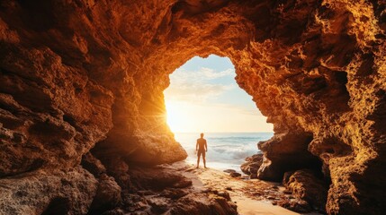 Silhouette of a man standing in a cave entrance, looking at the sunset on the beach.
