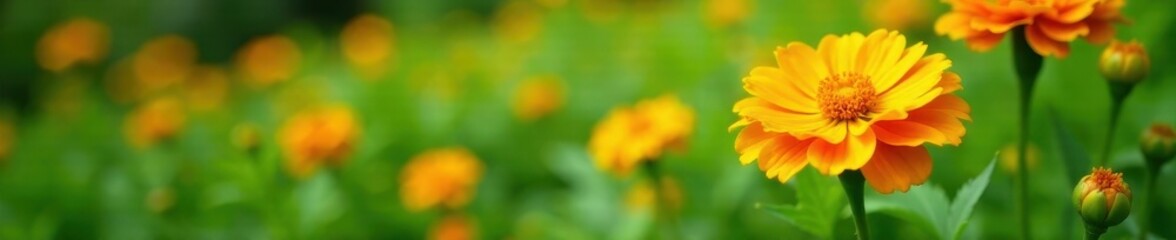 Lush greenery surrounds the bright orange marigold blooms, orange, summer, yellow