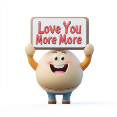 Cute egg character, anthropomorphic, holding sign, "Love You More More", smiling face, cartoon style, 3D render, cheerful expression, white body, orange arms, blue feet, rounded shape, playful design,