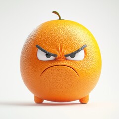 Orange fruit character, angry expression, anthropomorphic, cartoon style, 3D rendering, white background, round shape, furrowed brow, frown, small legs, textured skin, realistic lighting, high detail,