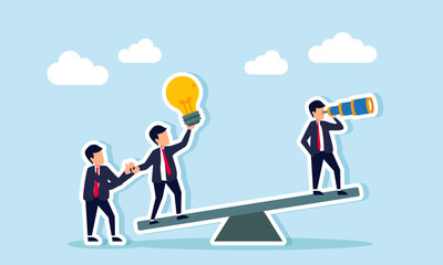 Businesspeople play on a seesaw, some observing with binoculars, one holding a lamp, and another supporting the lamp holder, illustration of analyzing competitor idea strategies