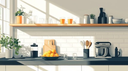 Sunny kitchen countertop with shelf, citrus fruit, and appliances.
