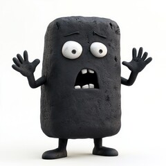 Cute cartoon monster, clay animation style, big googly eyes, black body, rectangular shape, expressive hands, open mouth, surprised expression, white teeth, simple design, charcoal texture, 3D render,