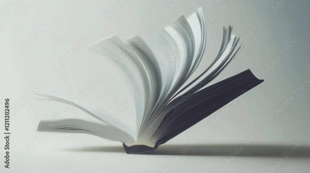Poster an open book with pages flipping in the air creating a sense of motion and knowledge