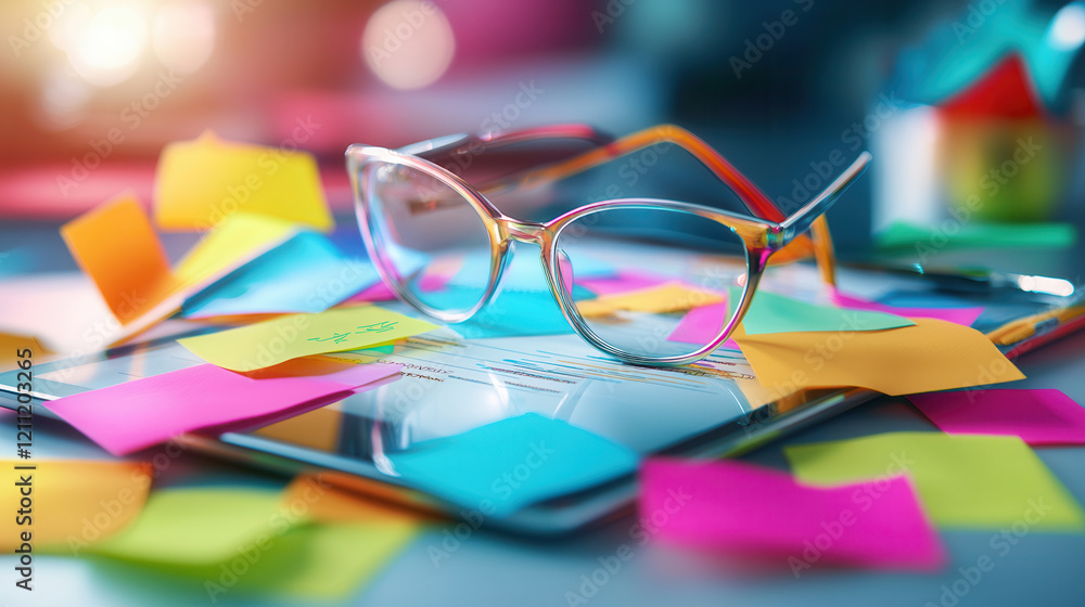 Poster pair of eyeglasses rests on tablet surrounded by colorful sticky notes, creating vibrant and organiz