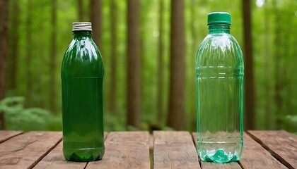 blank green plastic water drink bottle mockup on wood table outdoor forest scene,no people, photography, vertical, plastic, bottle, single object, concepts, cut out, exercising, label,954