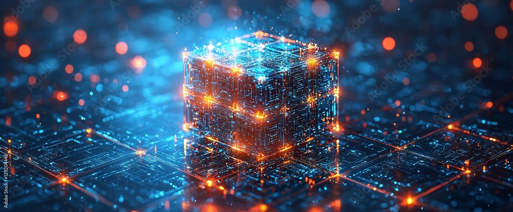Poster glowing cube on futuristic circuit board.