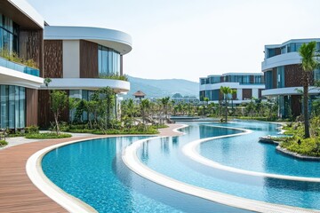 Modern Luxury Resort with Serene Water Features and Lush Landscaping, Perfect for Relaxation and Vacation Getaways in a Nature-Inspired Setting