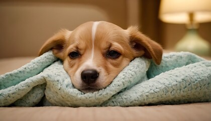 Obraz premium cute sleepy puppy covered with blanket staring at camera.dog, pet, puppy, blanket, animal, cute, small, apartment, comfortable, couch, cover, doggy, eye, fluffy,873