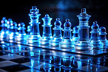 Dark Blue Chessboard Reflection, Deep Depth of Field, Night Chess,  Mystical Game, Blue Tiles,  Shadowy Game Board