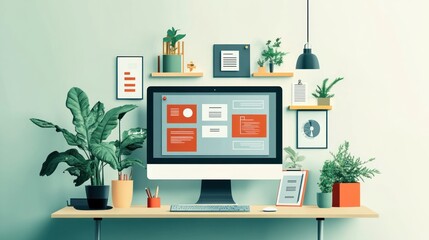 Modern workspace with computer, plants, and decor.