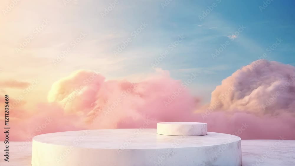 Poster dreamy pastel sky with soft clouds hovering over a minimalist round platform