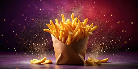 Delicious French Fries, Red Packaging, Purple Background - Gourmet Fast Food Photography