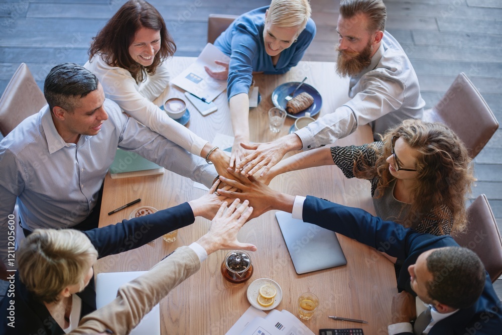 Aufkleber Diverse group of business people on meeting  joining hands in teamwork. Diverse hands in unity. Teamwork and unity of diverse business team. Diverse people hands joining together, teamwork and unity