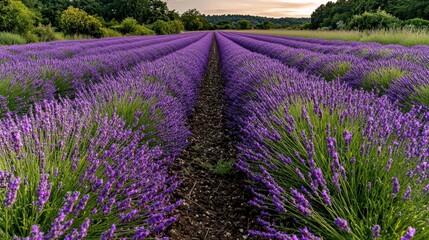 Naklejka premium Lavender field sunset provence landscape photography serene environment panoramic view nature's beauty unveiled