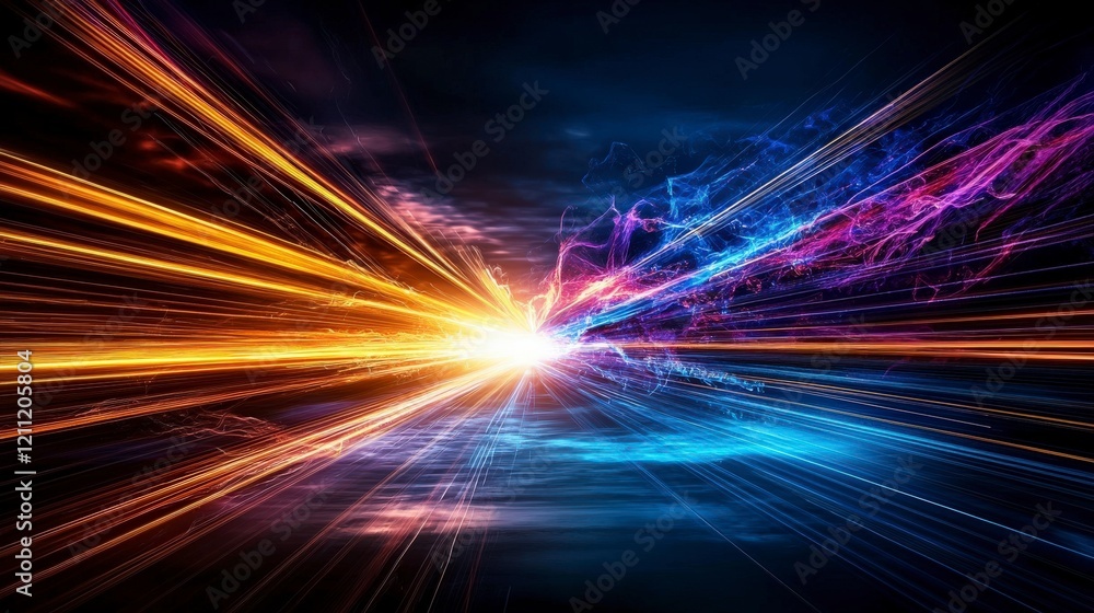 Aufkleber Dynamic light streaks in motion abstract visualization digital art dark background high-tech concept